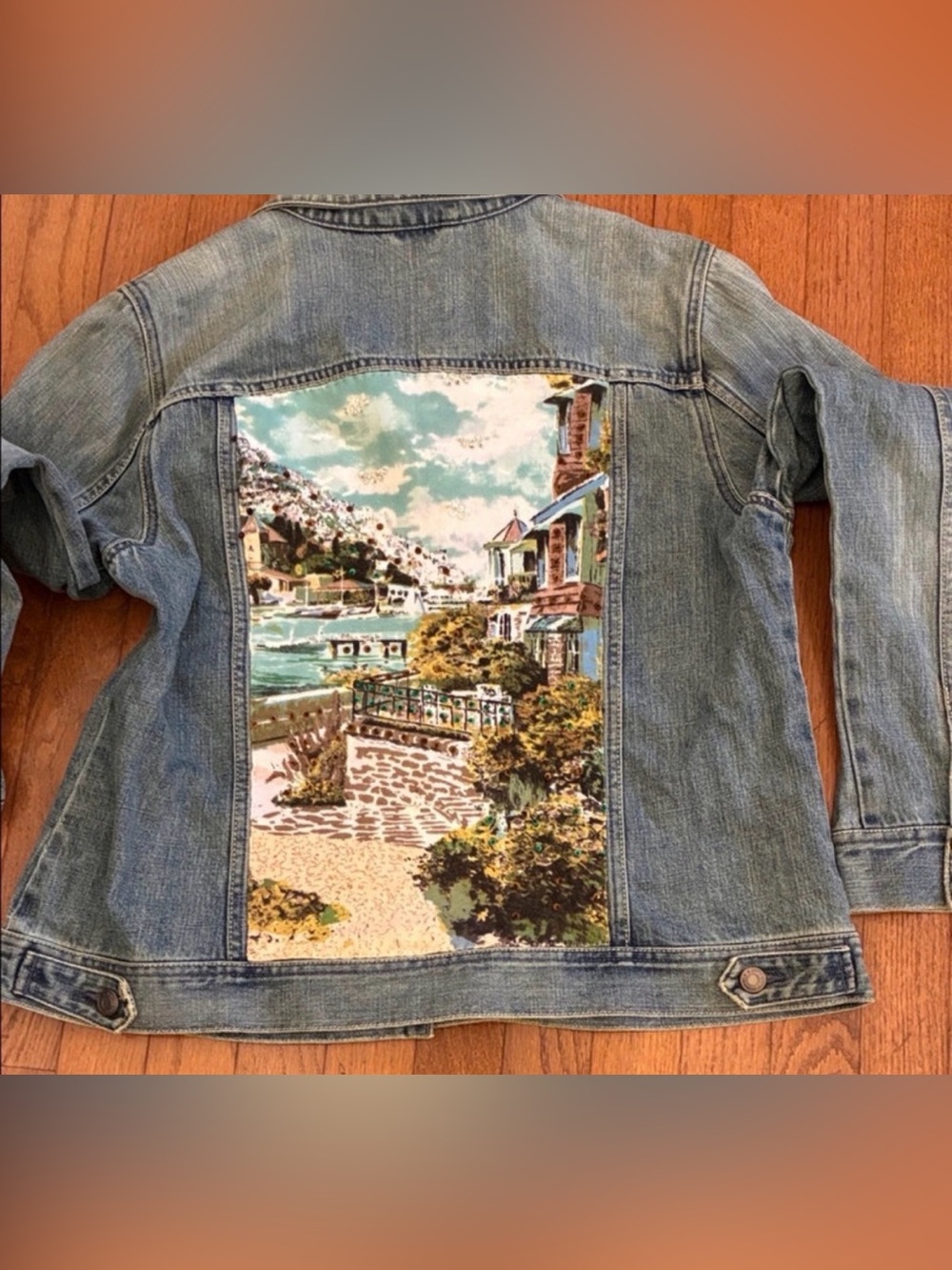Women's Light Wash Denim Jacket with Scenic Italian villa Back Panel. Handmade